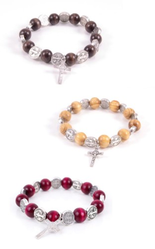 Dziesiątka różańca - bransoletka na gumce ze św. Benedyktem - drewniana