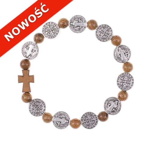 Drewniana dziesiątka różańca ze św. Benedyktem (bransoletka na gumce)