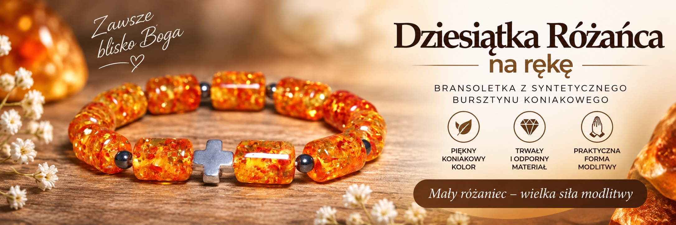 Dziesiątka różańca z syntetycznego bursztynu koniakowego (bransoletka na gumce) - NOWOŚĆ